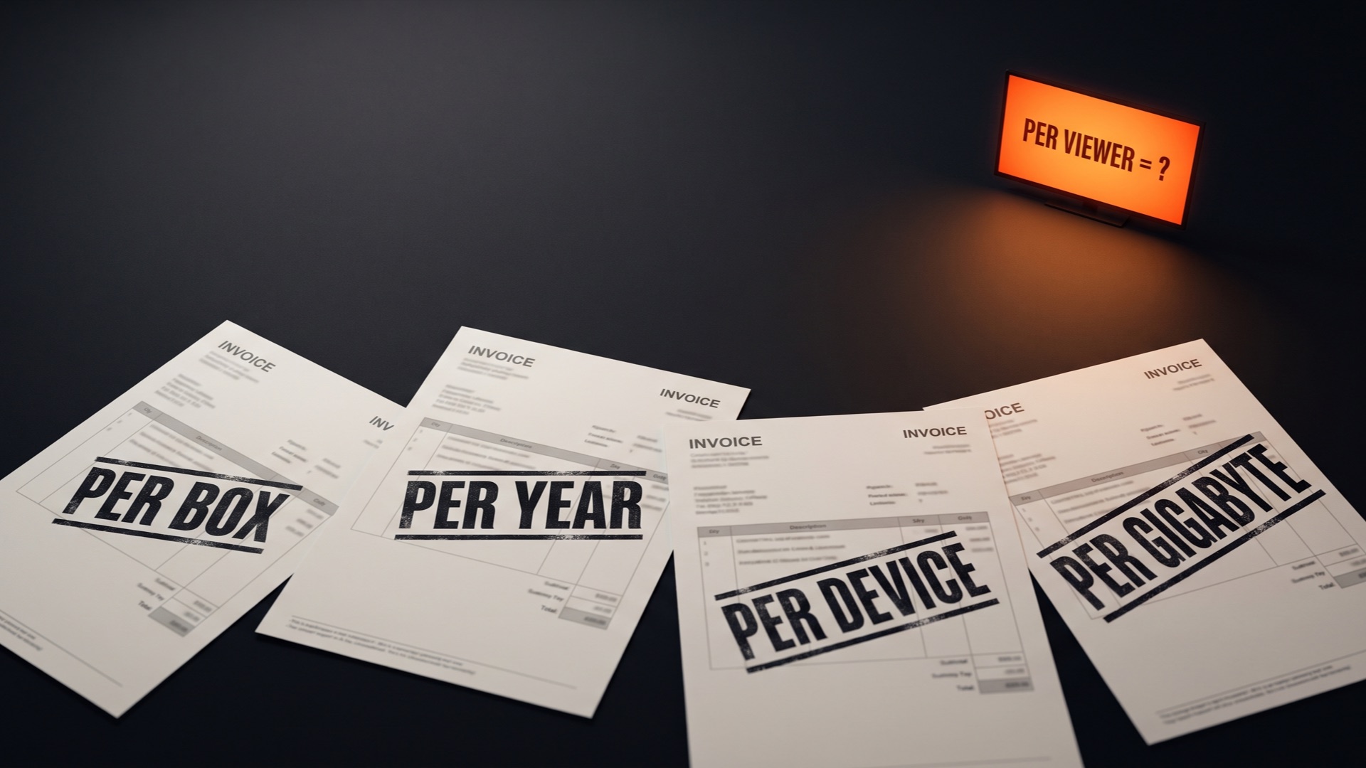 Four streaming invoices billed in four different units, CAPEX per box, OPEX per year, licences per device and CDN per gigabyte, none of which divides into a single viewer-hour