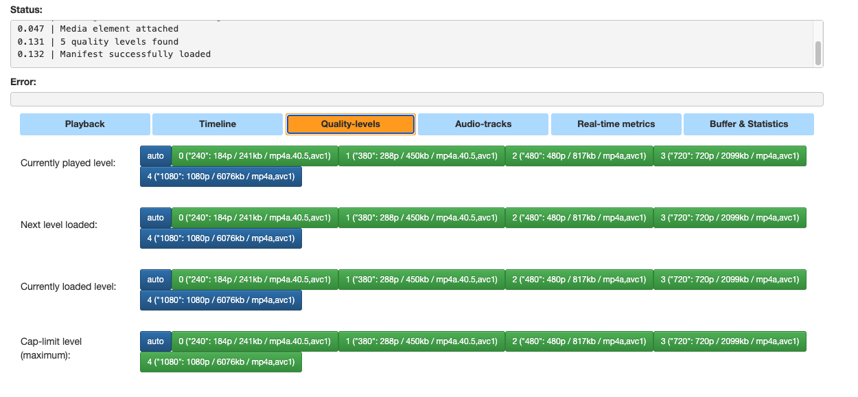 hls.js quality levels panel showing 5 ABR renditions