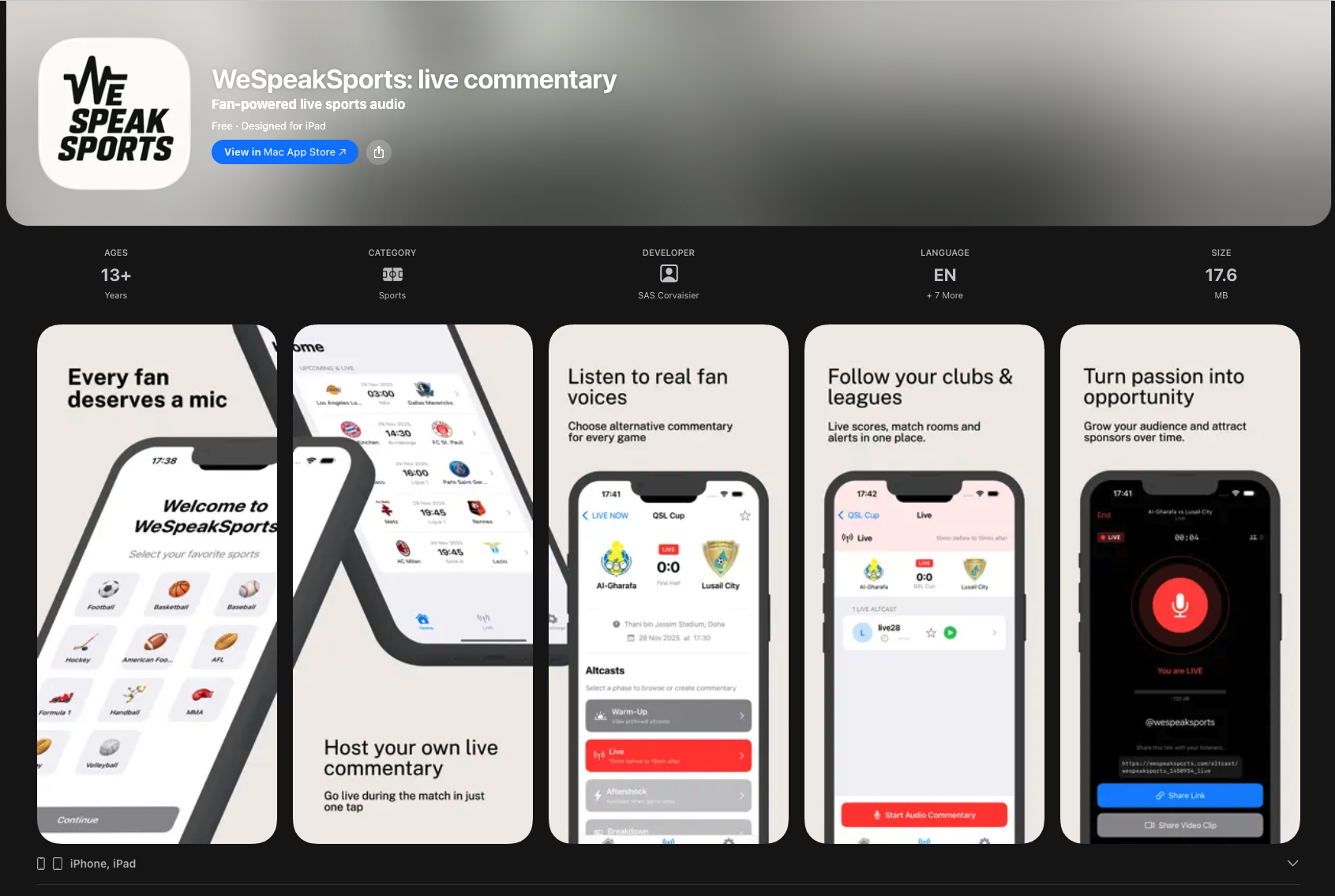 WeSpeakSports App - Fan-powered live sports audio commentary