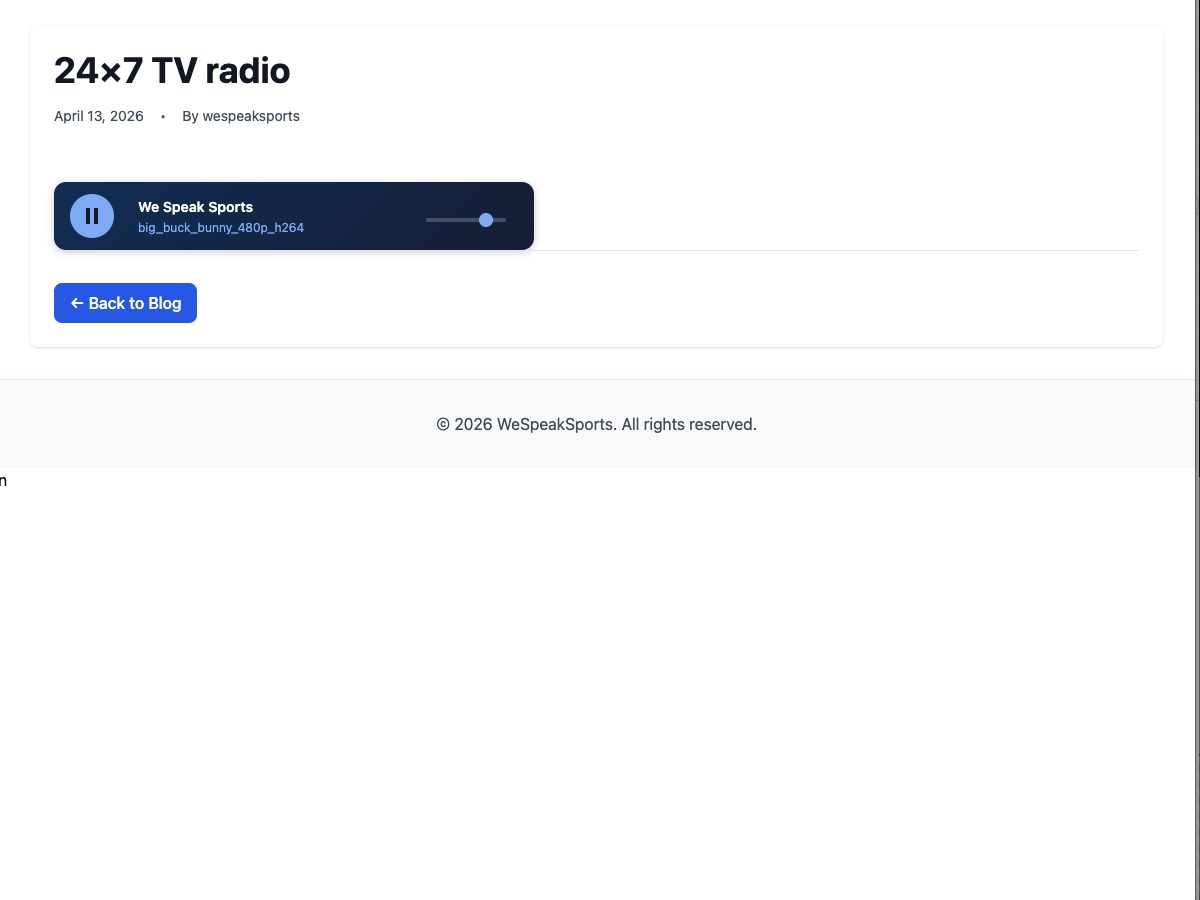 WordPress WebRadio player embedded on a public blog post, showing a 24/7 linear audio station with now-playing info