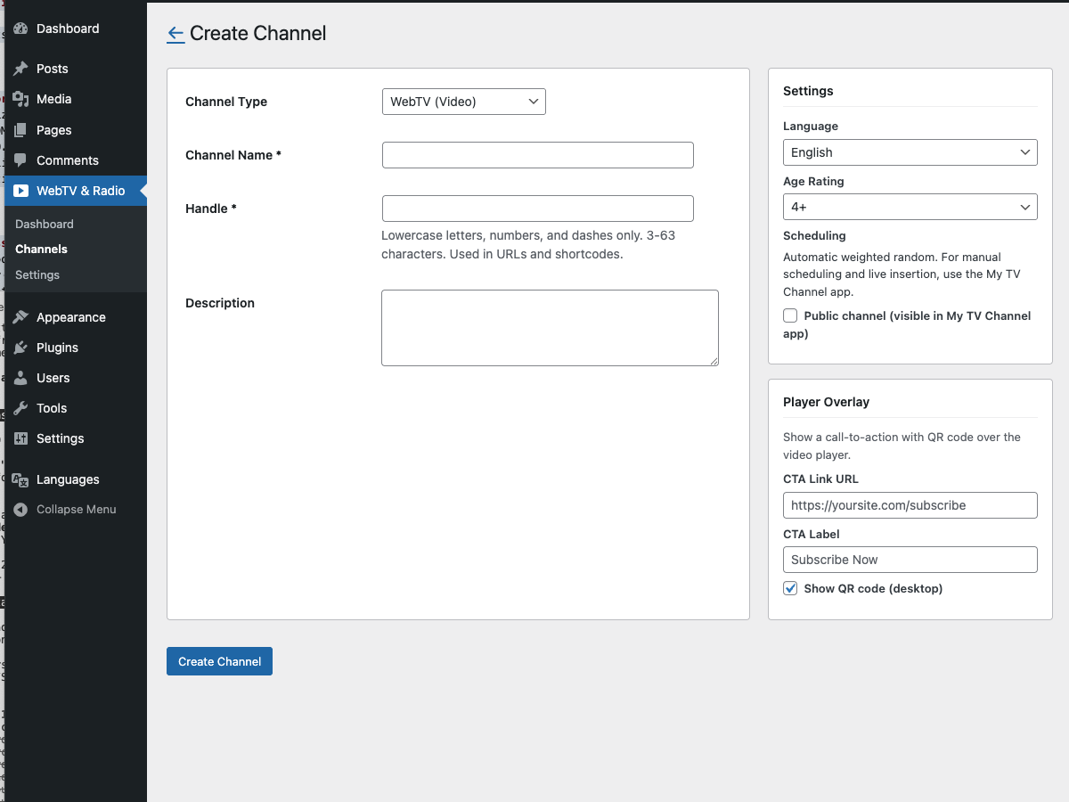WordPress TV channel creation form with channel type, name, handle, language, age rating, and player overlay settings