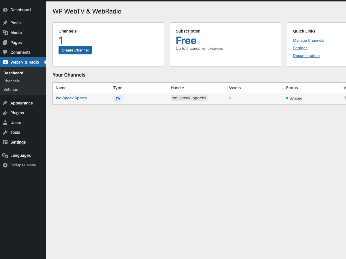 The WebTV and WebRadio plugin dashboard inside WordPress admin, showing channel stats and subscription tier