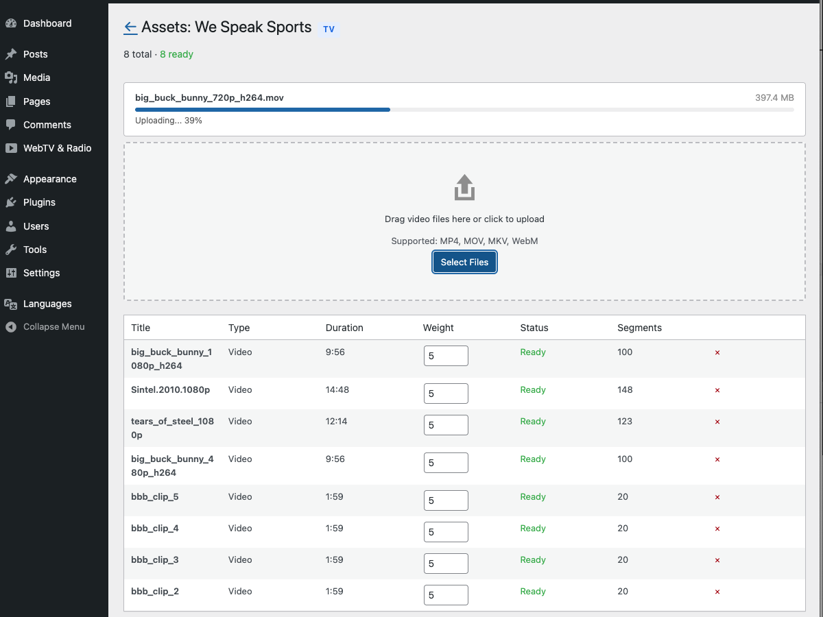 WordPress TV channel asset upload in progress with chunked upload and transcoding status for each file